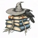 Stack of books. Earth. Witch hat. Fantasy  magic colour crow/raven, flame tattoo design idea