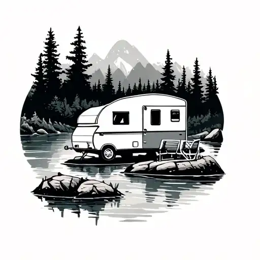 camping scene with popup caravan near river  tattoo design idea