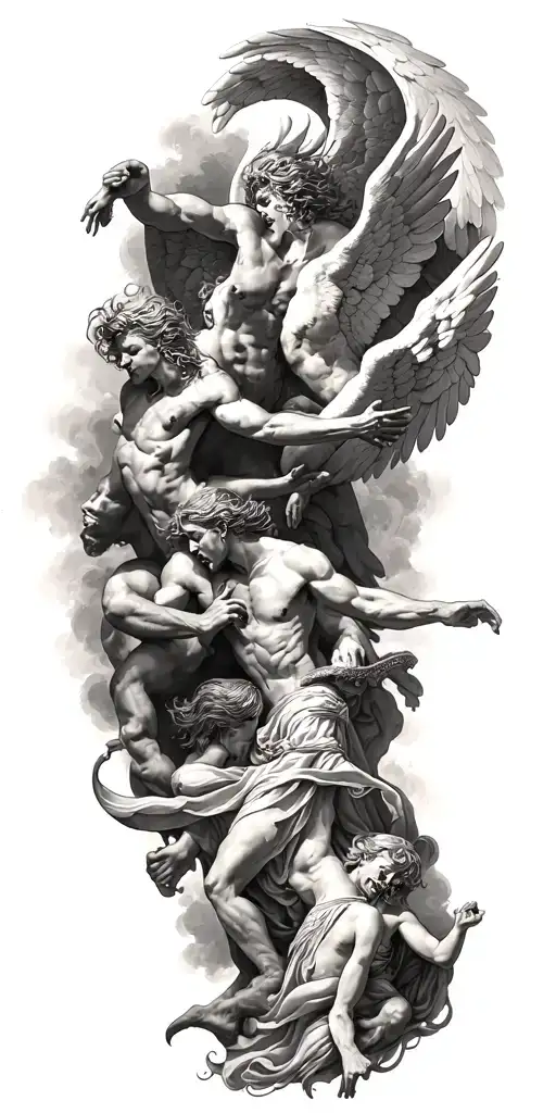 heaven vs hell theme with angels and demons fighting tattoo design idea