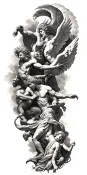 heaven vs hell theme with angels and demons fighting tattoo design idea