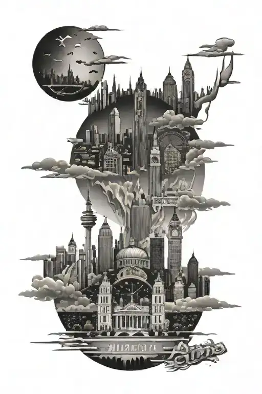 atlanta and london skylines reflecting tattoo design idea