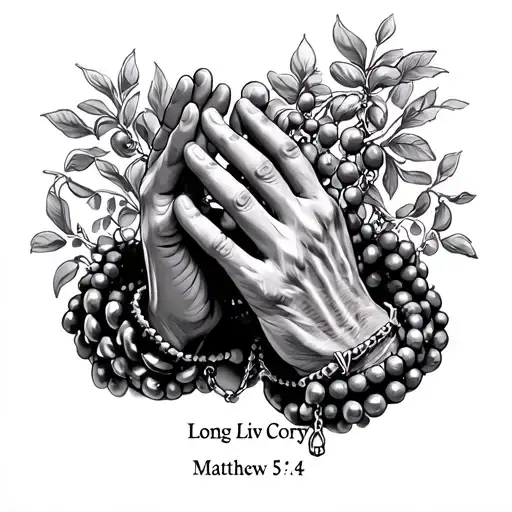 hands praying with rosary beads wrapped around them. Add "Long Live Corey" below with "Matthew 5:4" under that.  tattoo design idea