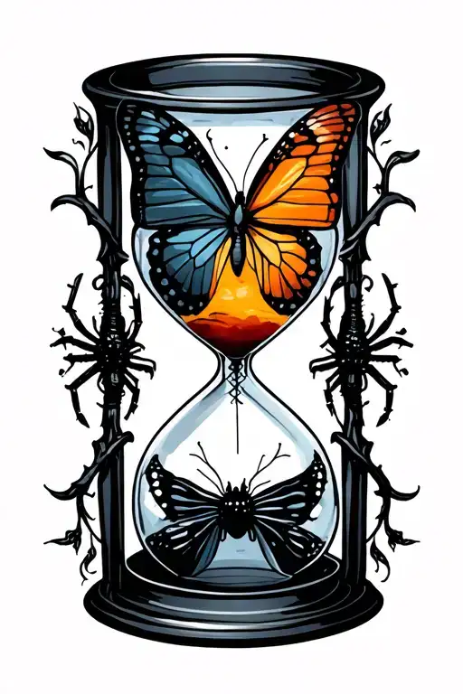 Butterfly tattoo with its body as a 3-chamber hourglass (top full, middle half, bottom nearly empty). Subtle spider web  tattoo design idea