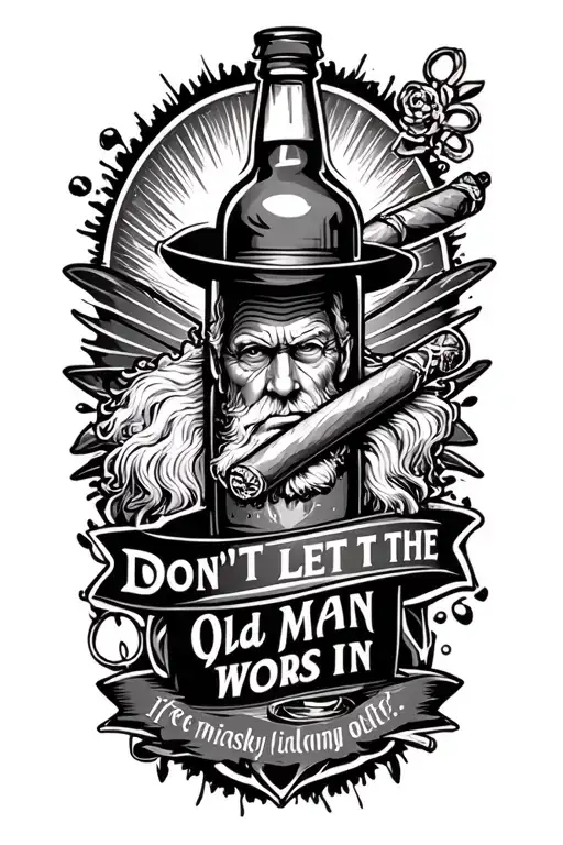 "Don't let the Old Man in." Old Man, Cigar< whiskey bottle tattoo design idea
