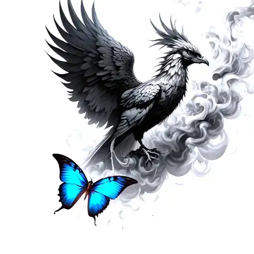 phoenix and blue butterfly coming out of the smoke tattoo design idea