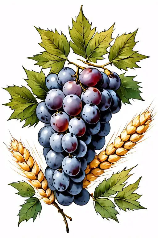 grape, wheat, olive branch tattoo design idea