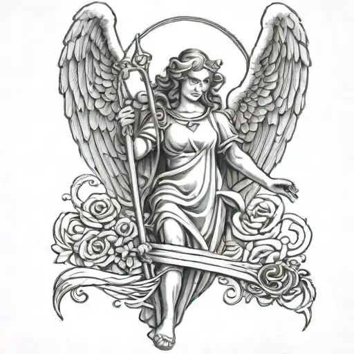 angel holding pitchfork going tattoo design idea