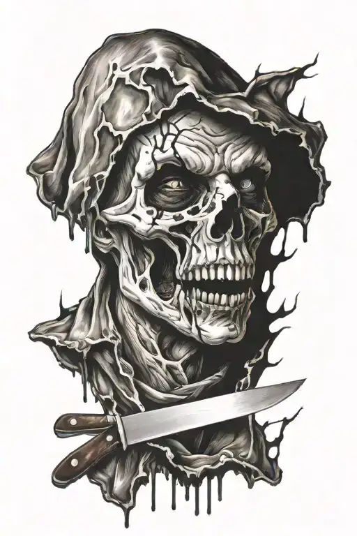 ghost face reflection in bloody knife tattoo design idea