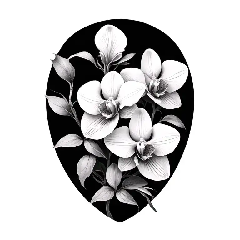 big and small light flowers and orchids in black and white shadows with slim lines on the shoulder tattoo design idea