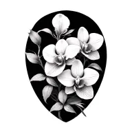 big and small light flowers and orchids in black and white shadows with slim lines on the shoulder tattoo design idea