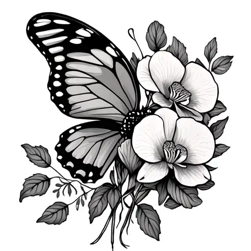 side profile of a butterfly (coma-shaped body) with carnation, orchid, and marigold bundle, simple tattoo design idea