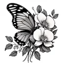 side profile of a butterfly (coma-shaped body) with carnation, orchid, and marigold bundle, simple tattoo design idea