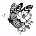 side profile of a butterfly (coma-shaped body) with carnation, orchid, and marigold bundle, simple tattoo design idea