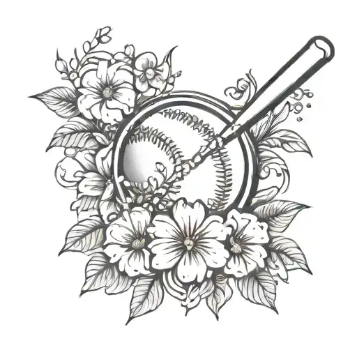 baseball and flowers surrounding tattoo design idea