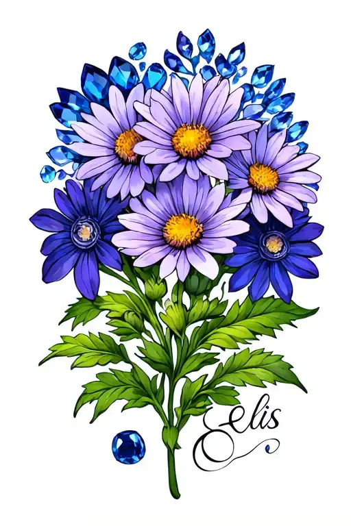 "Ellis" sapphire and aster flower tattoo design idea