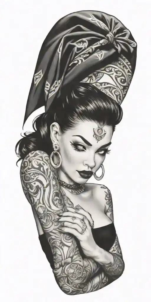 pinup girl with bandana and tattoos tattoo design idea