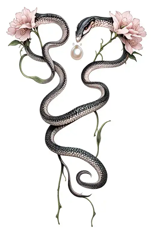 twin snakes wrapped around stems of snapdragons with pearl stones in each mouth tattoo design idea