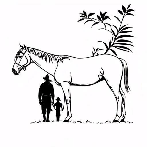 A minimalist black tattoo of a Peruvian farmer leading a horse with his grandson, viewed diagonally from behind tattoo design idea