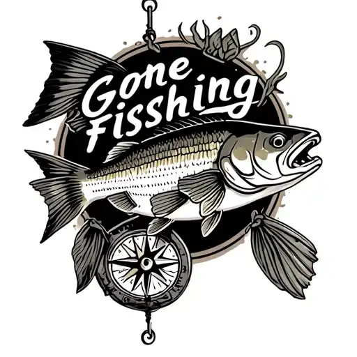 pike, 'gone fishing' sign, and compass in realism design  tattoo design idea