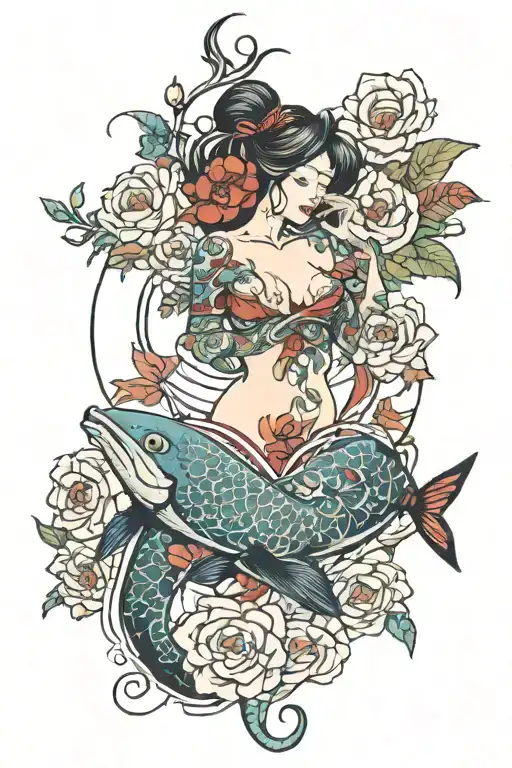 “Fall in love with yourself first” written in Japanese going down spin, with the torso of aquarium lady on the left side tattoo design idea