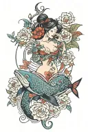 “Fall in love with yourself first” written in Japanese going down spin, with the torso of aquarium lady on the left side tattoo design idea