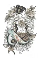 “Fall in love with yourself first” written in Japanese going down spin, with the torso of aquarium lady on the left side tattoo design idea