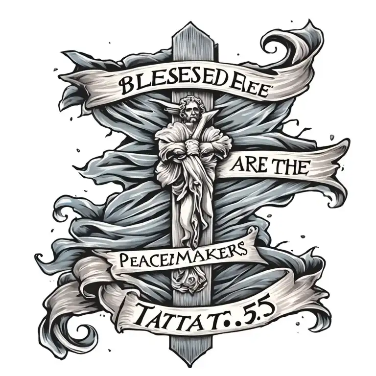 Cross with ""Blessed are the peacemakers" written on a draped blue sash.  Mat 5:9 written underneath tattoo design idea