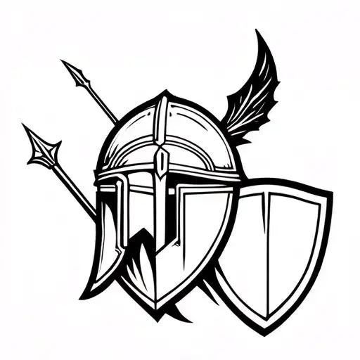 Achilles helmet with shield and spear behind it tattoo design idea