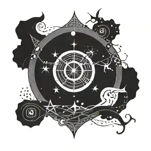 A celestial map of the Gemini constellation intertwined with musical notes and symbols, incorporating elements of Japanese art and a sun motif tattoo design idea