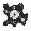 A celestial map of the Gemini constellation intertwined with musical notes and symbols, incorporating elements of Japanese art and a sun motif tattoo design idea