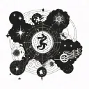 A celestial map of the Gemini constellation intertwined with musical notes and symbols, incorporating elements of Japanese art and a sun motif tattoo design idea