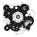 A celestial map of the Gemini constellation intertwined with musical notes and symbols, incorporating elements of Japanese art and a sun motif tattoo design idea