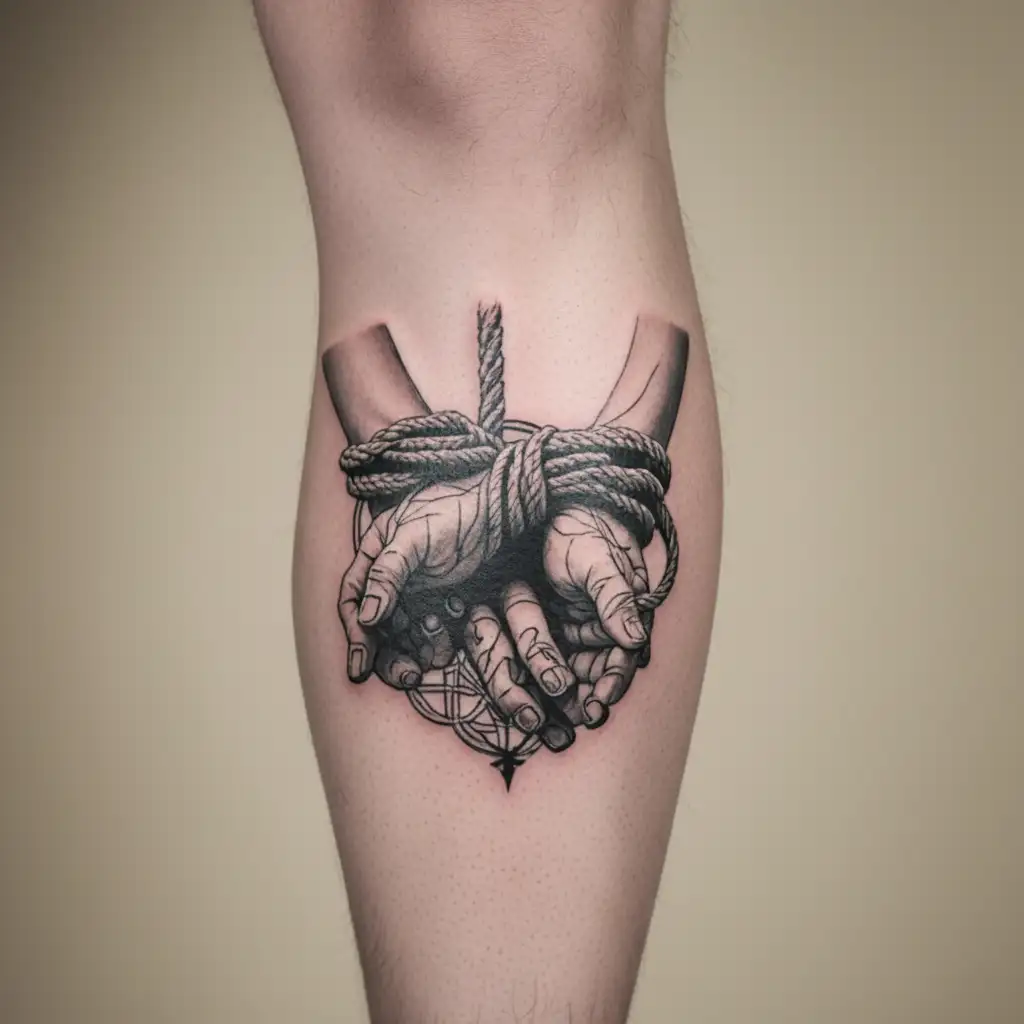 A detailed tattoo of hands performing shibari knots, with a subtle IT reference hidden in the design tattoo design idea