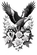 eagle centrepiece, 2 husky's around the outside, gaps filled by roses and daffodils shaped for a forearm  tattoo design idea