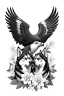 eagle centrepiece, 2 husky's around the outside, gaps filled by roses and daffodils shaped for a forearm  tattoo design idea