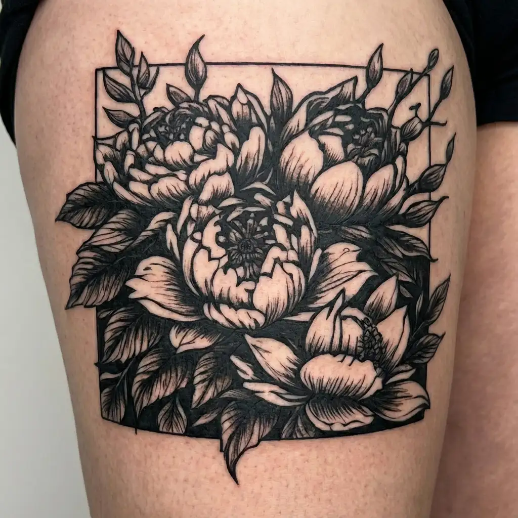 Peony, Pussy Willow, Snap Dragon, Paper Boat in a canal tattoo design idea