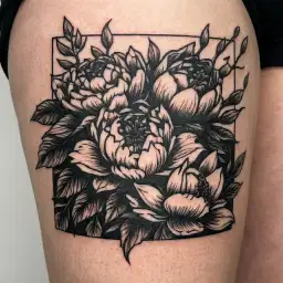Peony, Pussy Willow, Snap Dragon, Paper Boat in a canal tattoo design idea