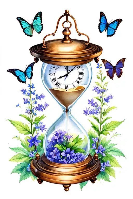 vintage hourglass with clock in top half surrounded by hawthorne, larkspur, sweet pea and swallowtail butterflies tattoo design idea
