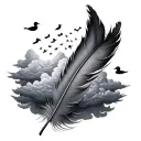 A duck feather with clouds around the entire feather with bunch of small ducks (silhouettes) around in the clouds (wavy) tattoo design idea