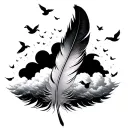 A duck feather with clouds around the entire feather with bunch of small ducks (silhouettes) around in the clouds (wavy) tattoo design idea
