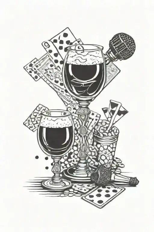 darts beer dominos playing cards microphone pool balls intertwined  tattoo design idea