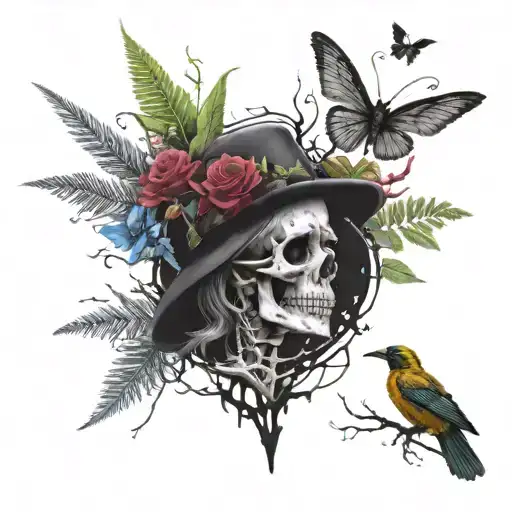 Half sleeve design black and white with pops of color with plants and trees and butterflies spooky vibe skeletons ravens tattoo design idea
