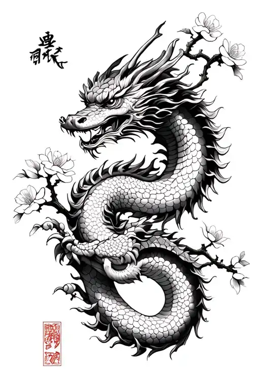 Plum blossom tree with chinese dragon tattoo design idea