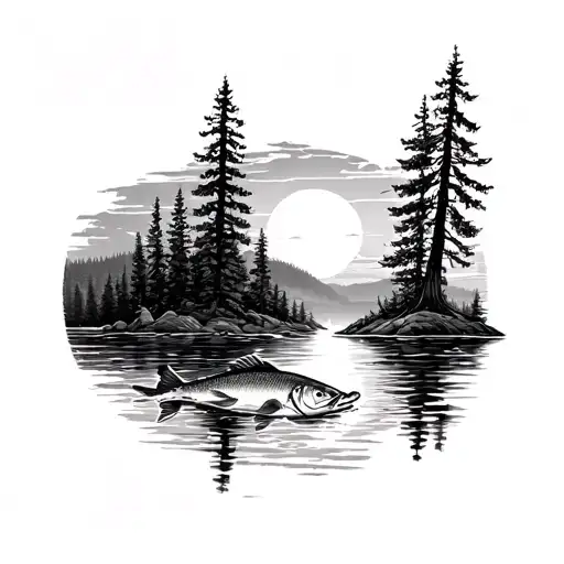 Lake with trees, sunset, walleye jumping out of water tattoo design idea