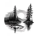 Lake with trees, sunset, walleye jumping out of water tattoo design idea
