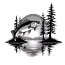 Lake with trees, sunset, walleye jumping out of water tattoo design idea