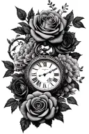 flower's and timepiece adorned with roses tattoo design idea
