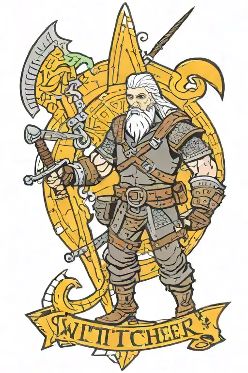 Geralt in front of Witcher sign split in half other half is jinx from league of legends tattoo design idea