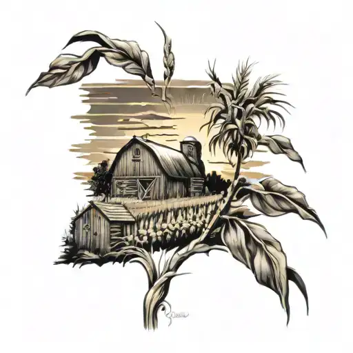 old barn sunset scene  corn stalk tattoo design idea
