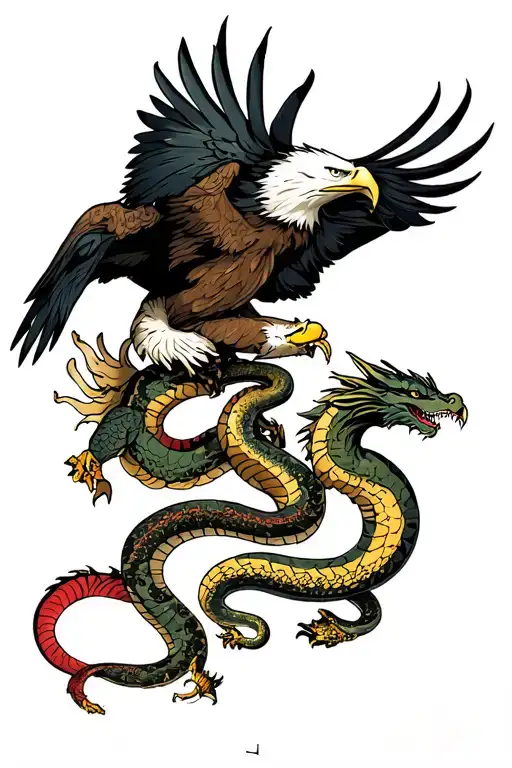 battle royale. eagle and snake and dragon fighting tattoo design idea